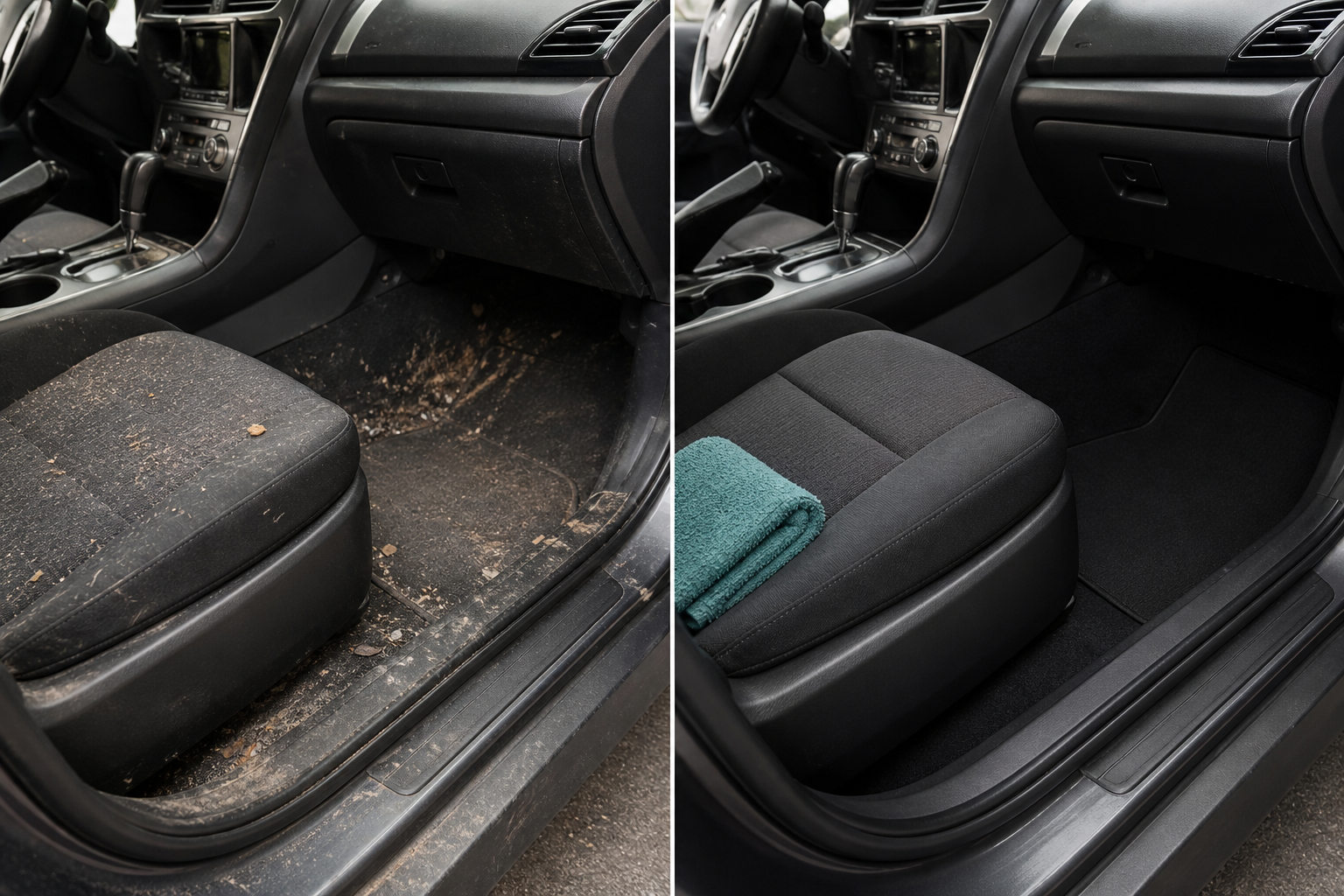 Before and after interior car detail comparison